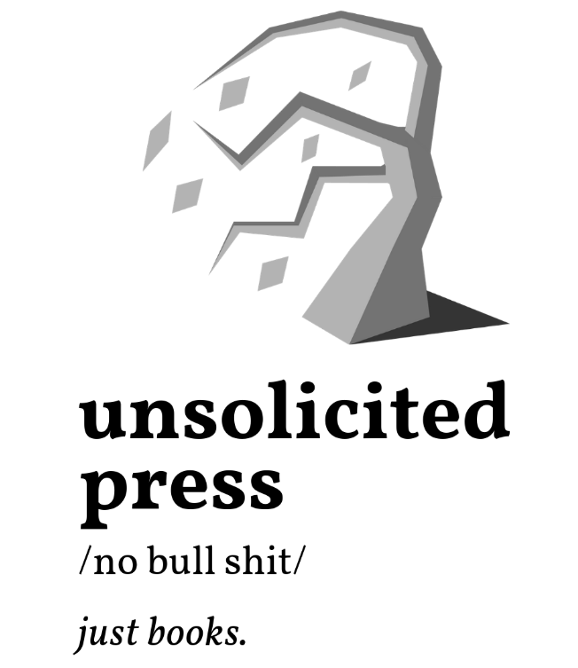 Logo of Unsolicited Press featuring a stylized rock and the tagline 'no bull shit' along with 'just books.'