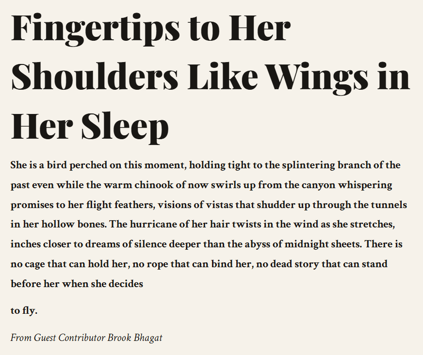 A Born-Again Darling: Brook Bhagat’s “Fingertips to Her Shoulders Like Wings in Her Sleep” Published in A Story in 100&nbsp;Words